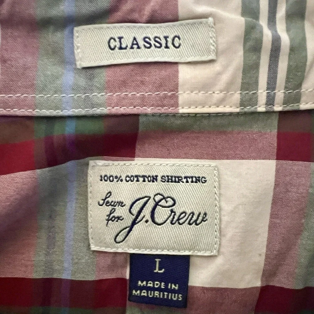 J Crew Men's Button Down Shirt L Red‎ Blue Black White Plaid 100% Cotton